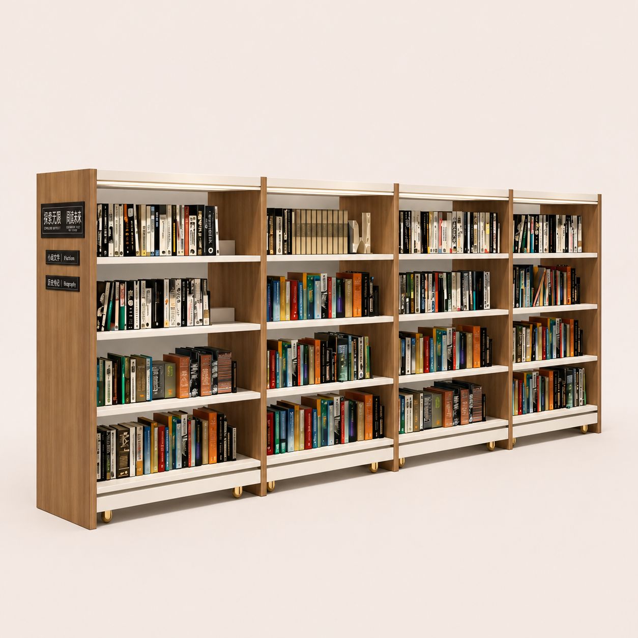 Mobile Double-Sided Wooden & Steel Library Bookshelf on Casters