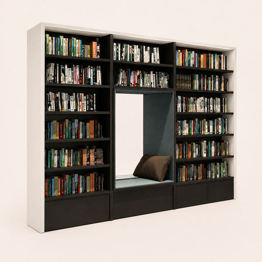 Modern Minimalist Library Shelving with Integrated Reading Nook