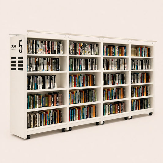 Modular Mobile White Steel Library Shelving Unit on Wheels
