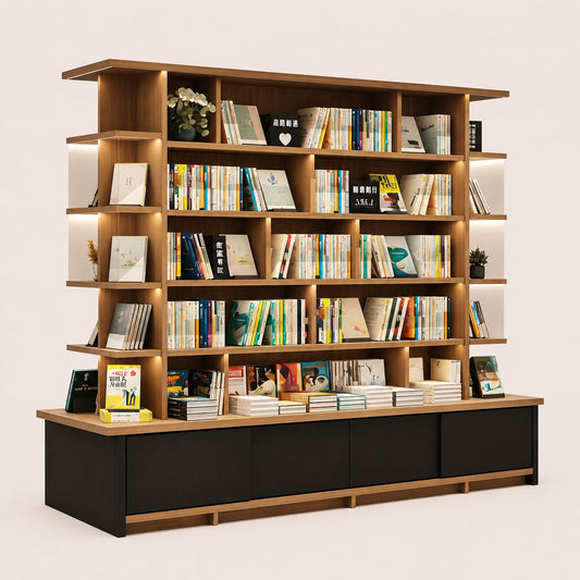 Double Sided Wooden Library Bookshelf With Lighting