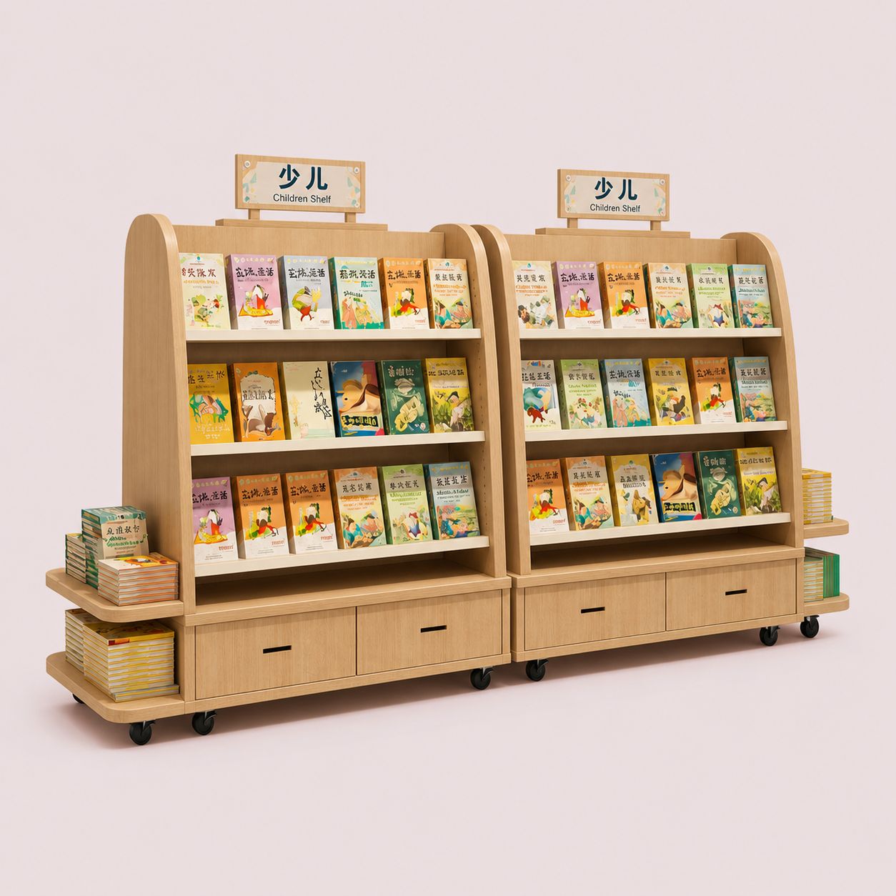 Mobile Wooden Shelf with Drawers