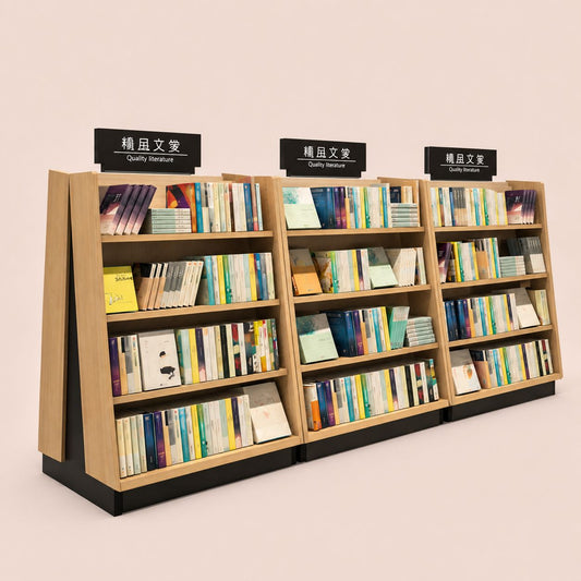 Slanted Wooden Bookshelf With Top Signage