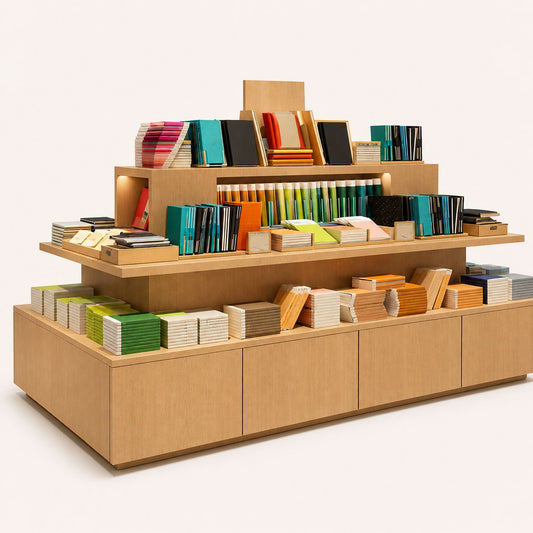 Tiered Wooden Notebook Retail Shelving