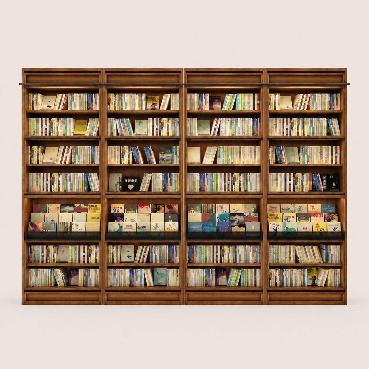 Vintage Wooden Bookstore Shelves With Black Rails