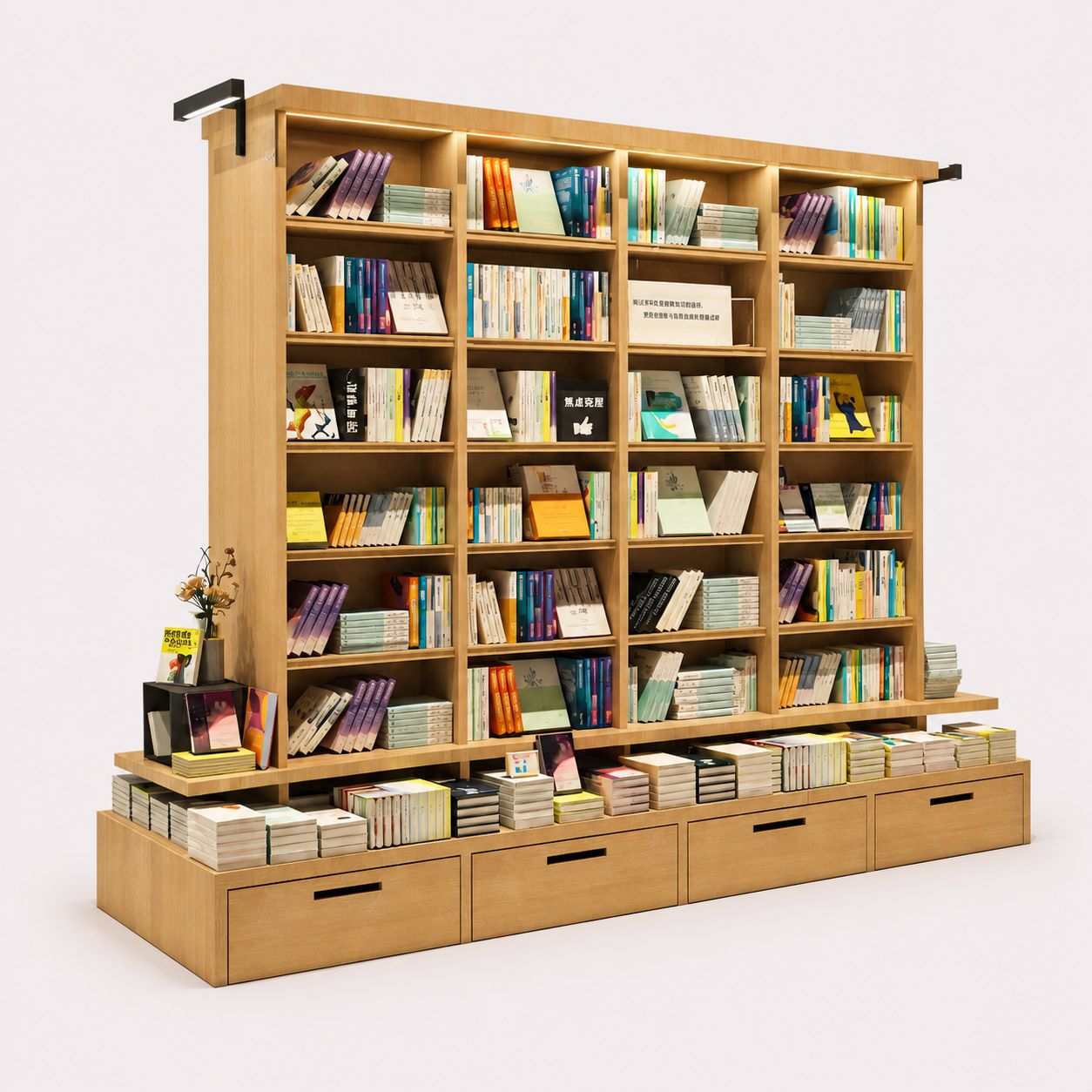 Wooden Bookshelf Wall With LED Lighting And Drawers
