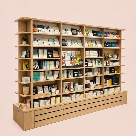 Wooden Bookshelf With Base Drawers And Side Racks
