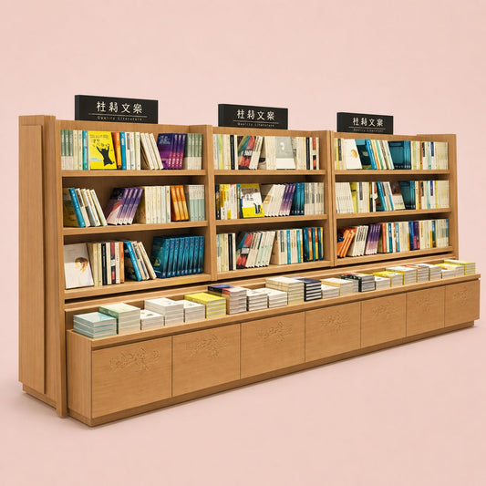 Wooden Bookshelf With Carved Storage Cabinets
