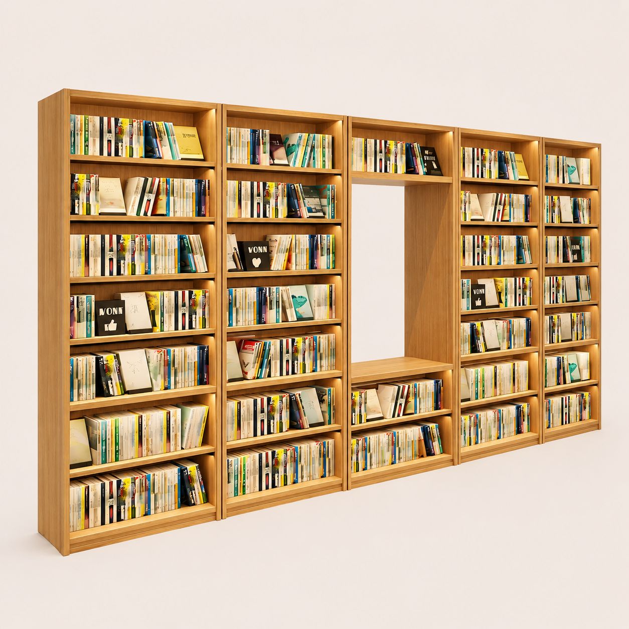 Wooden Bookstore Shelves With Integrated Nook