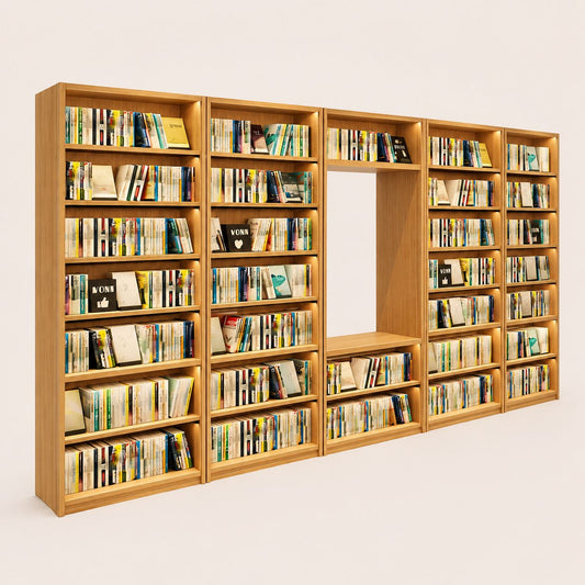 Wooden Bookstore Shelves With Integrated Nook