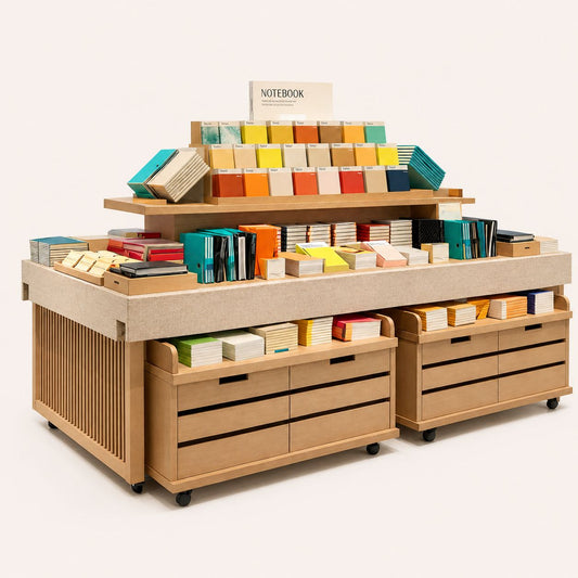Wooden Notebook Island Display With Rolling Drawers
